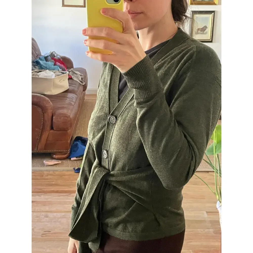 J Crew Olive Merino Wool Tie Waist Cardigan Size Small